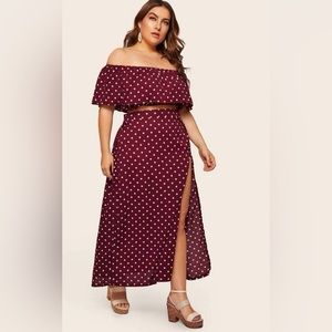 Off the Shoulder Red & White Polka Dot Top with Split Skirt Women’s Size 2X New